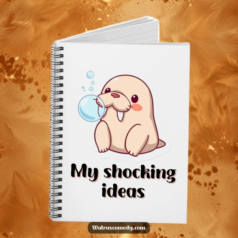 Funny kawaii walrus blowing a bubble with its flippers, looking surprised, perfect for jotting down unexpected ideas in this notebook.