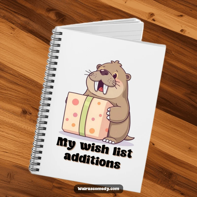Funny notebook featuring a walrus character excitedly unwrapping a large gift, designed for humorous note-taking and journaling.