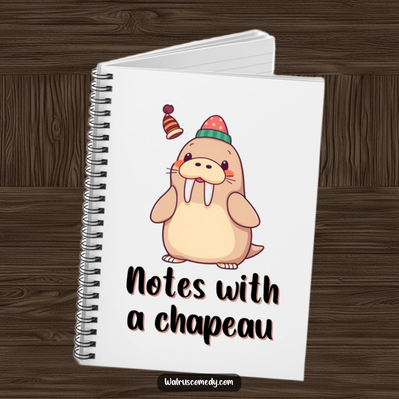 Funny Notebook featuring a kawaii walrus playfully balancing a whimsical hat on its tusk with a joyful smile.