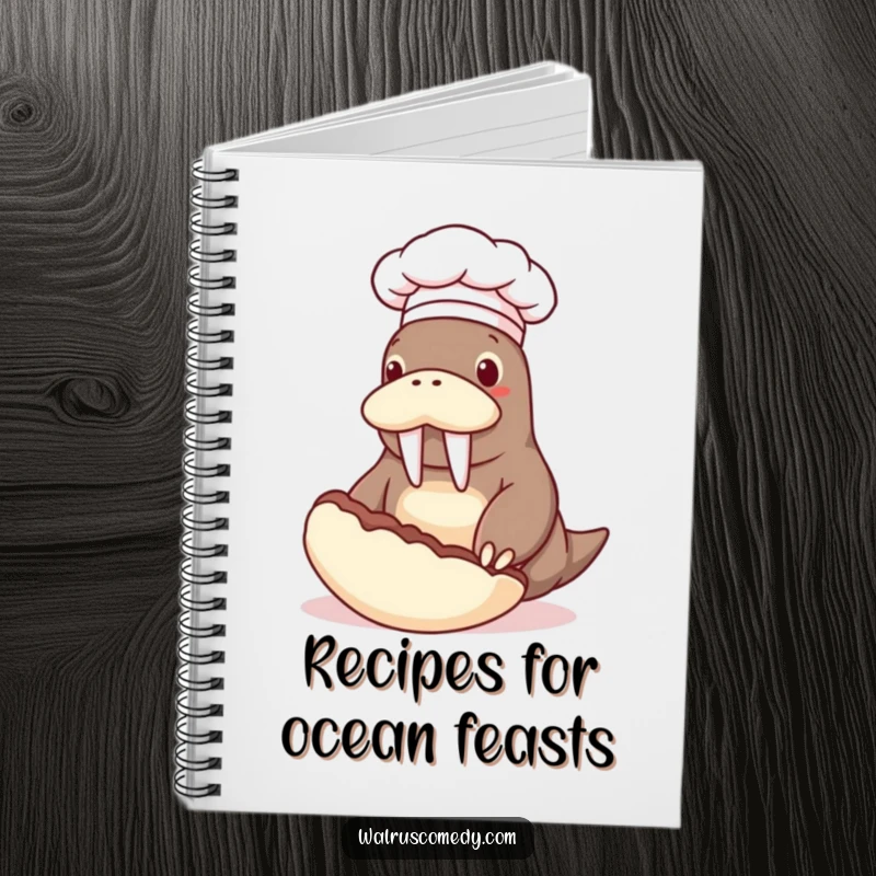 Funny notebook featuring a walrus chef in a hat flipping a giant clam, designed for humorous recipe recording and kitchen notes.