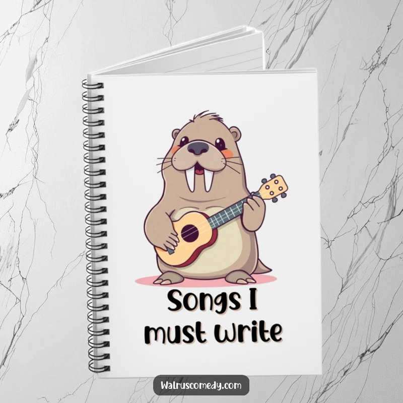Funny walrus playing ukulele, a lined notebook for capturing ideas, featuring a musical sea mammal, perfect for journaling.