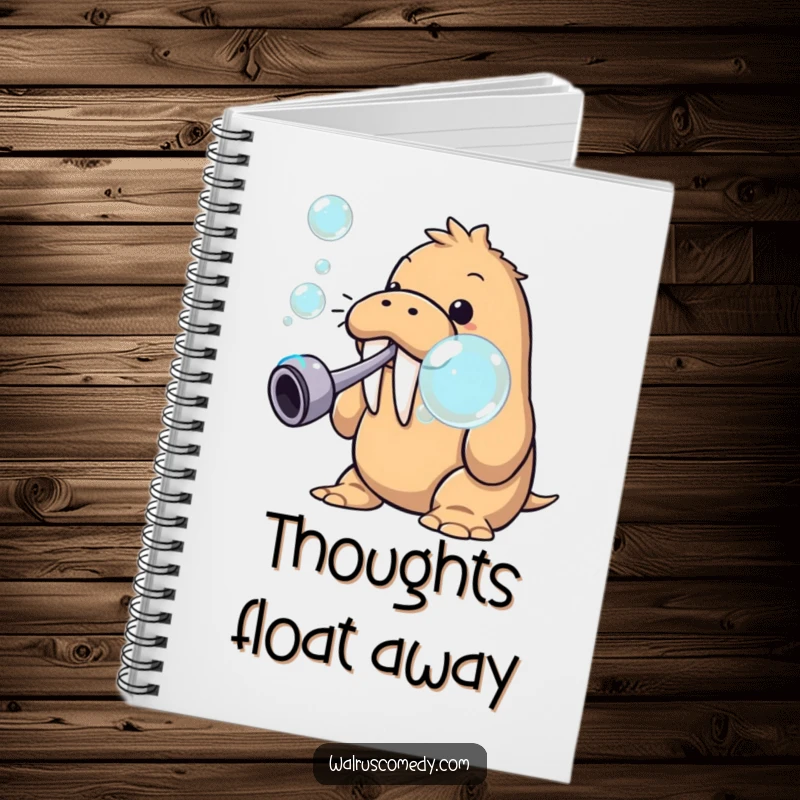 Funny walrus blowing bubbles in a notebook, a whimsical journal for capturing ideas, featuring a playful sea creature.