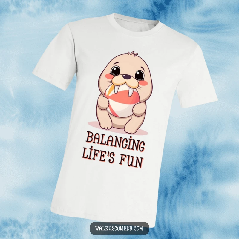 Funny cute t-shirt of a kawaii walrus with large, expressive eyes expertly balancing a bright beach ball on its snout.