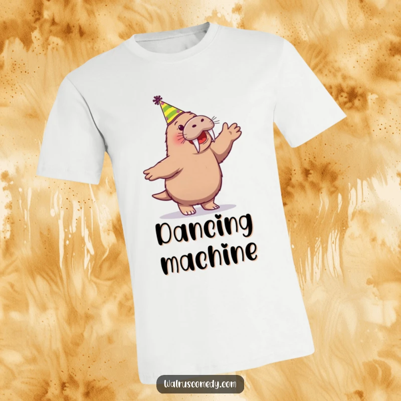 Funny t-shirt featuring an ecstatic walrus character in a party hat, grooving to the beat with pure joy and energy.