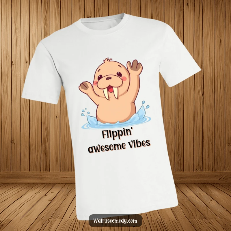 Funny t-shirt featuring a kawaii walrus playfully splashing water with its flippers, radiating pure, unadulterated aquatic amusement.