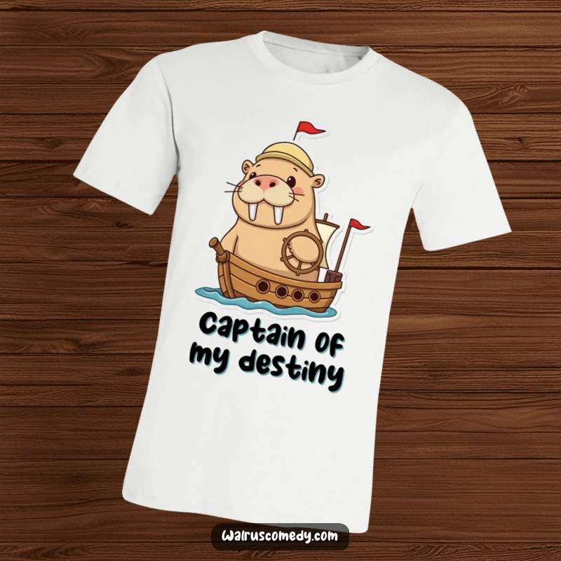 Funny walrus t-shirt featuring an adventurous walrus grinning while steering a tiny ship, perfect for nautical humor.