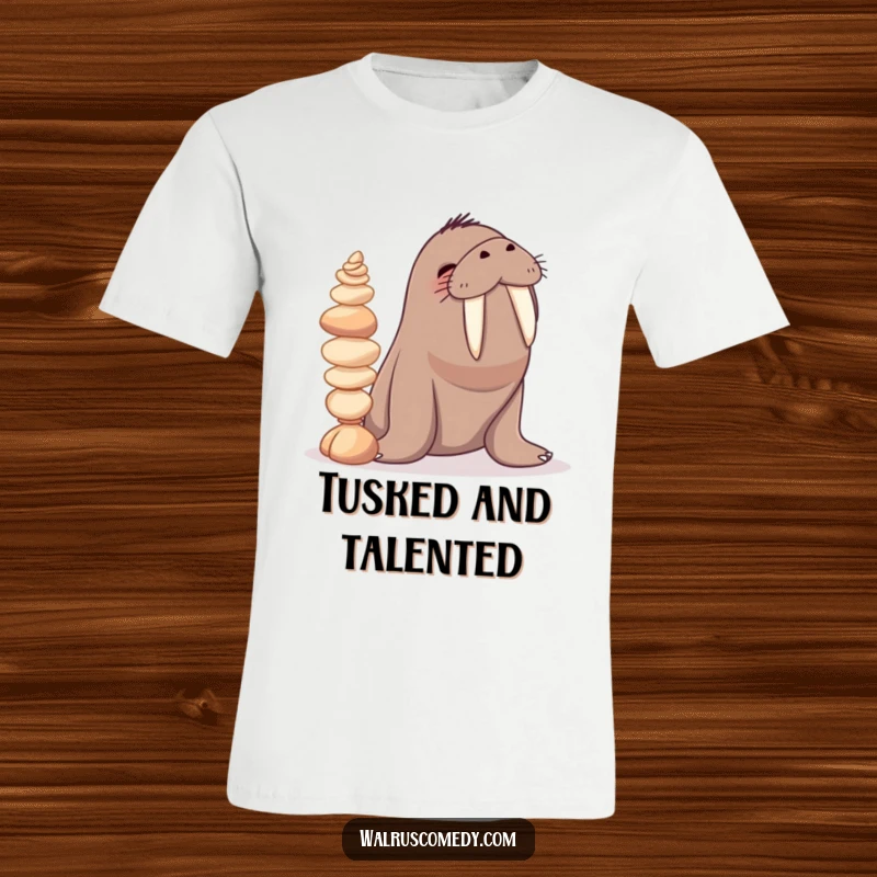 Funny t-shirt depicting a giggling walrus character with a mischievous grin, balancing an impressive stack of various seashells on its tusks.