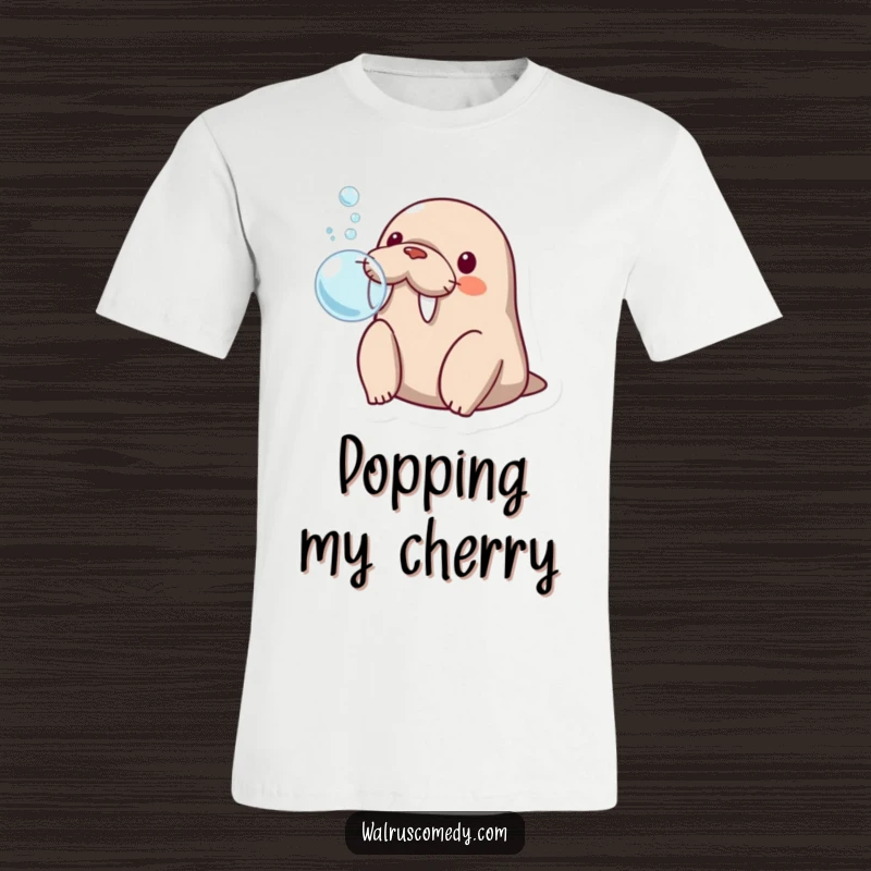 Funny kawaii walrus blowing a bubble with its flippers, eyes wide with surprise, showcasing playful humor on this t-shirt.