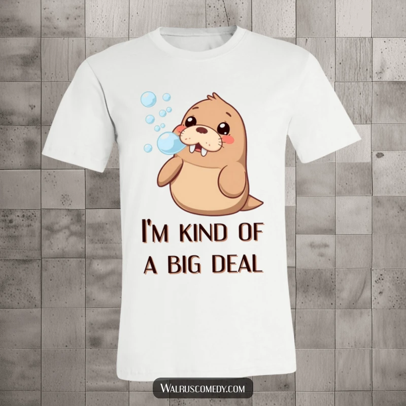 Funny kawaii walrus playfully blowing a stream of bubbles, looking happy and curious on a comfortable t-shirt.