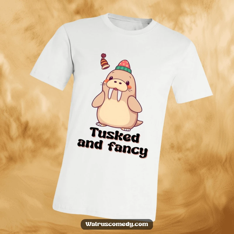 Funny T-Shirt featuring a kawaii walrus playfully balancing a small, whimsical hat on its tusk with a cheerful smile.