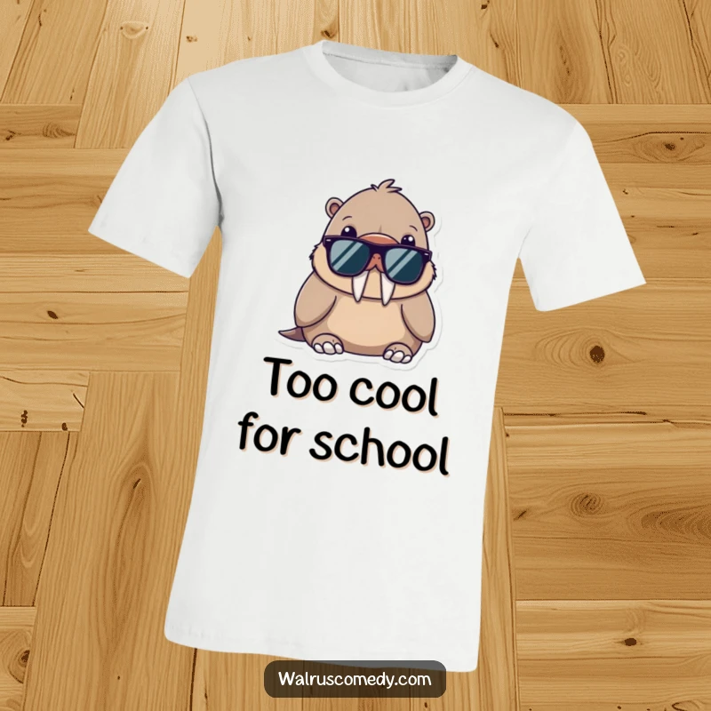 Funny t-shirt with a kawaii walrus wearing sunglasses, exuding a supremely cool and relaxed attitude.