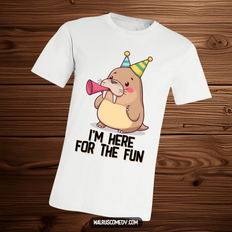 Funny cute walrus wearing a party hat and blowing a party horn on a soft t-shirt, a festive funny gift.