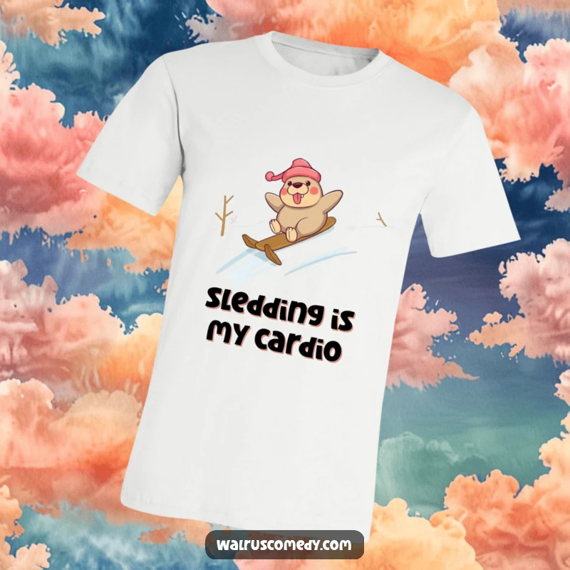 Funny T-Shirt: A happy walrus character gleefully sliding down a snow-covered hill, showcasing winter joy and playful energy.
