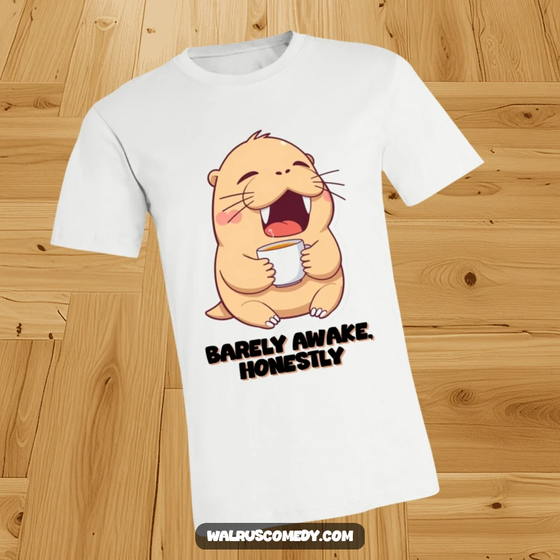 Funny walrus t-shirt featuring a tired walrus yawning widely, clutching a small teacup, capturing relatable morning fatigue.