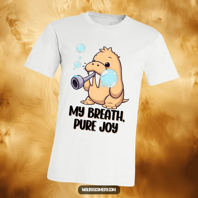 Funny walrus blowing large bubbles, a humorous t-shirt design with a playful sea creature and colorful spheres, great for kids and adults.