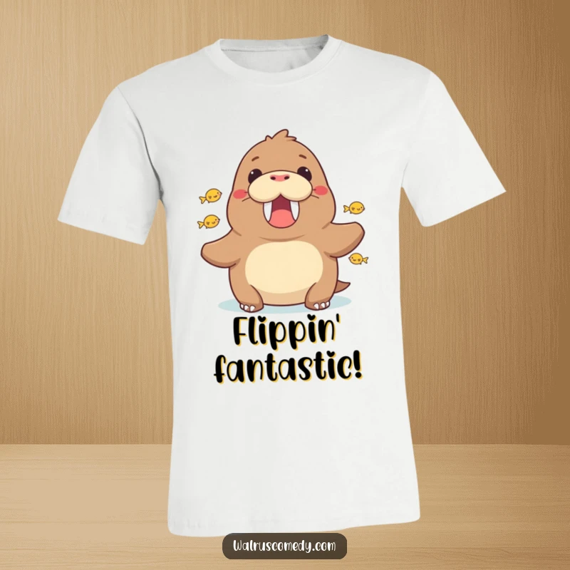 Funny walrus cheering loudly with fish leaping, a humorous and energetic sea creature design, ideal for parties and events.