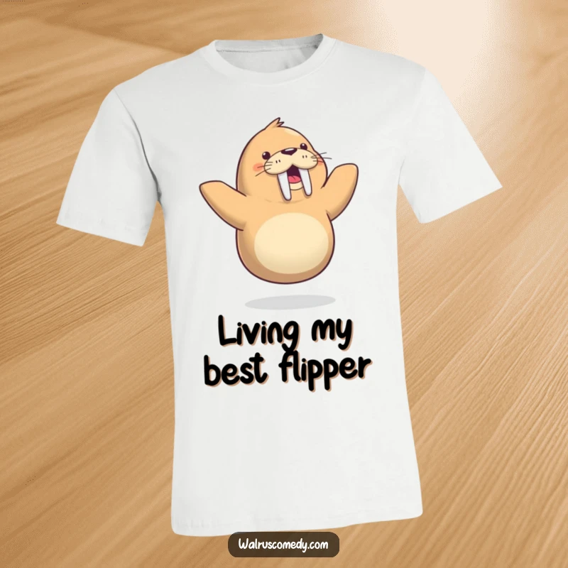 Funny t-shirt showcasing a delightful walrus performing a joyful dance on a single flipper, radiating happiness and playful energy.
