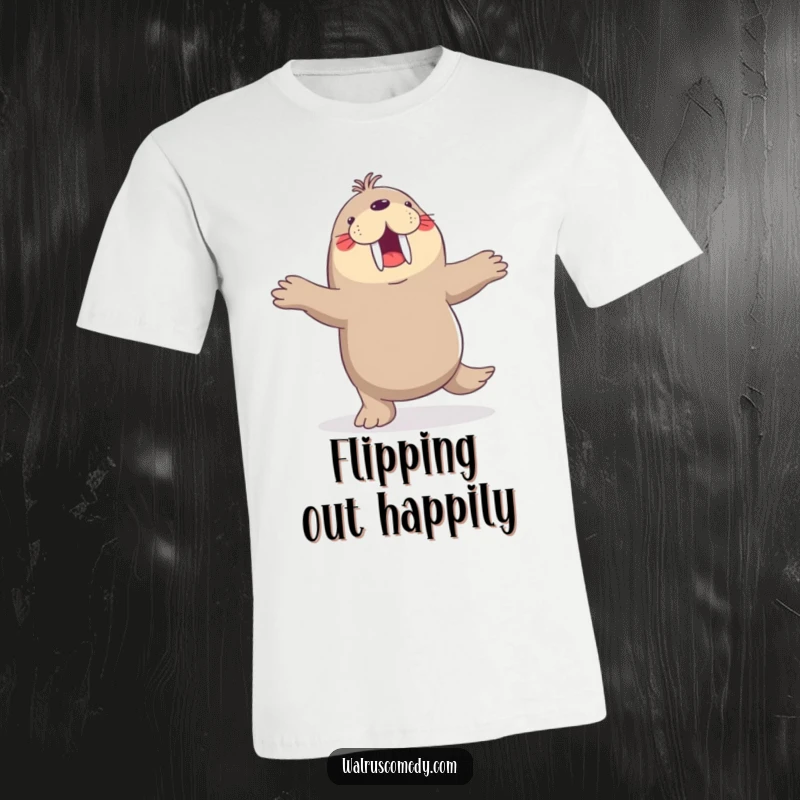 Funny t-shirt, walrus dancing a jig, flippers in the air, joyful, energetic, perfect for dancers, animal theme.