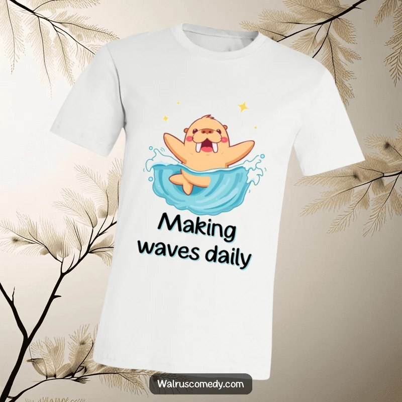 Funny Walrus T-Shirt: A cheerful walrus is captured mid-dive into a vibrant, sparkling ocean wave with pure excitement.