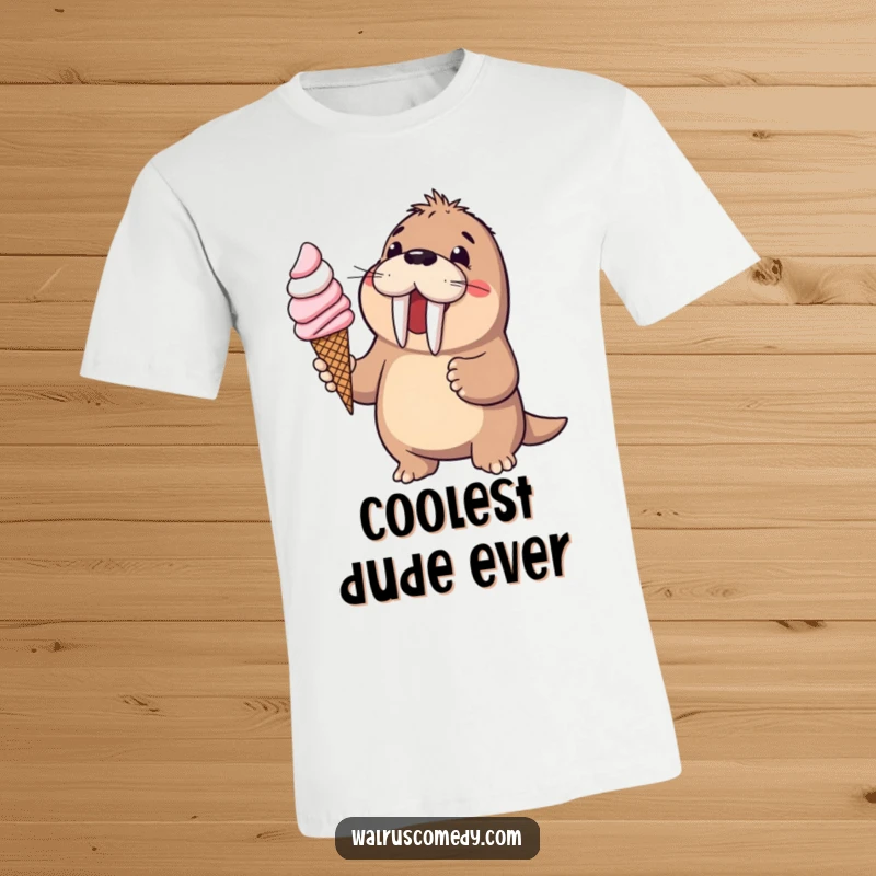 Funny walrus offering a large ice cream cone on a graphic t-shirt, capturing summer joy and generosity, an ideal funny gift.