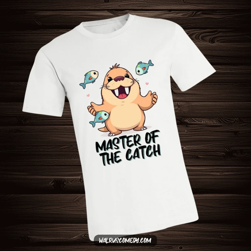 Funny t-shirt featuring a happy walrus with a wide, toothy grin, expertly juggling multiple fish with impressive dexterity.