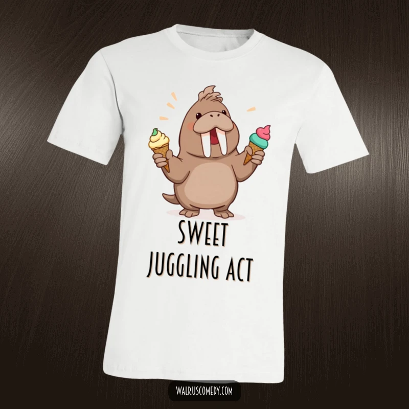 Funny Walrus T-Shirt: A joyful walrus character is depicted enthusiastically juggling several ice cream cones, mid-air.