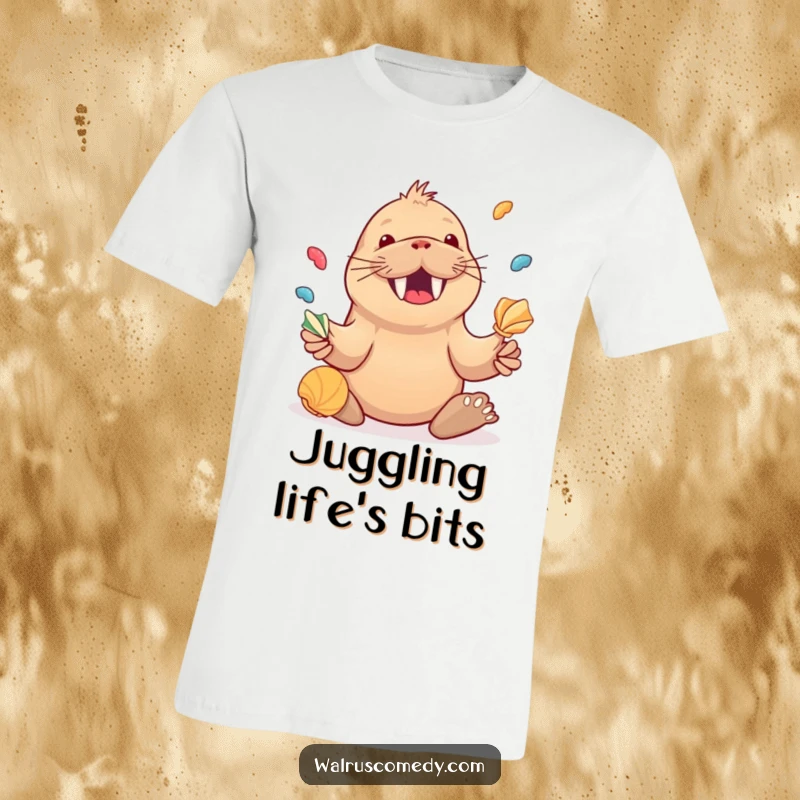 Funny Kawaii Walrus Juggling Seashells T-Shirt, a joyful walrus juggling colorful shells, cheerful apparel.