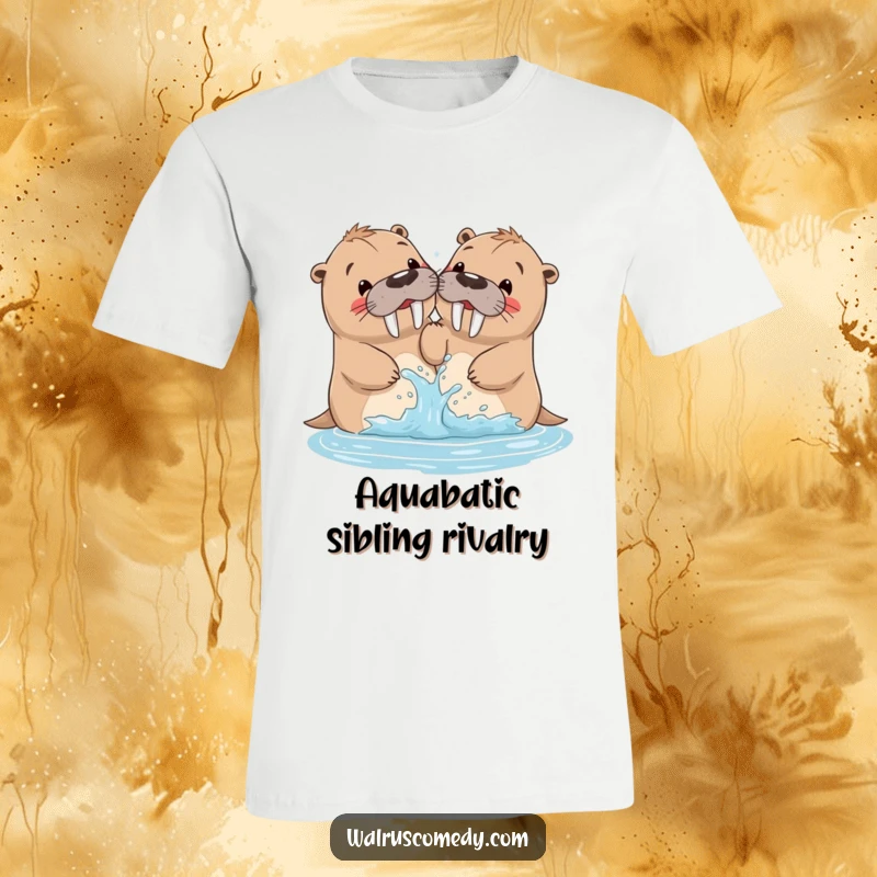 Funny walrus t-shirt showing siblings playfully splashing water, capturing joyful sibling rivalry and fun.