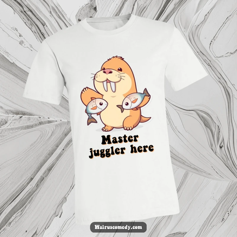 Funny walrus character t-shirt, skillfully juggling two shiny fish with a gleeful grin, a hilarious funny gift.