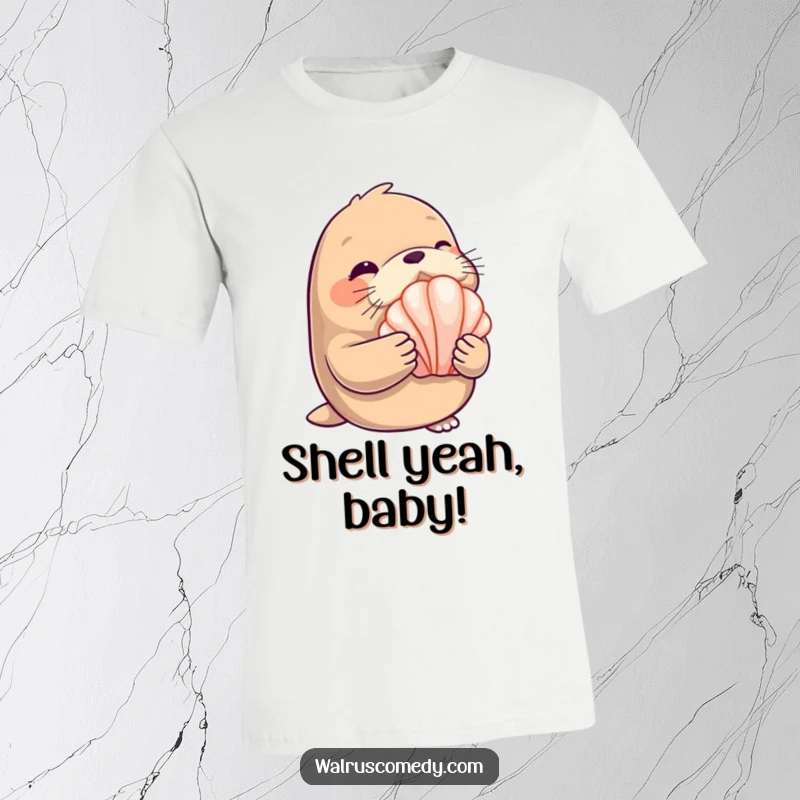 Funny T-Shirt: A walrus with a mischievous wink holds a sparkling seashell, embodying beachcomber charm.