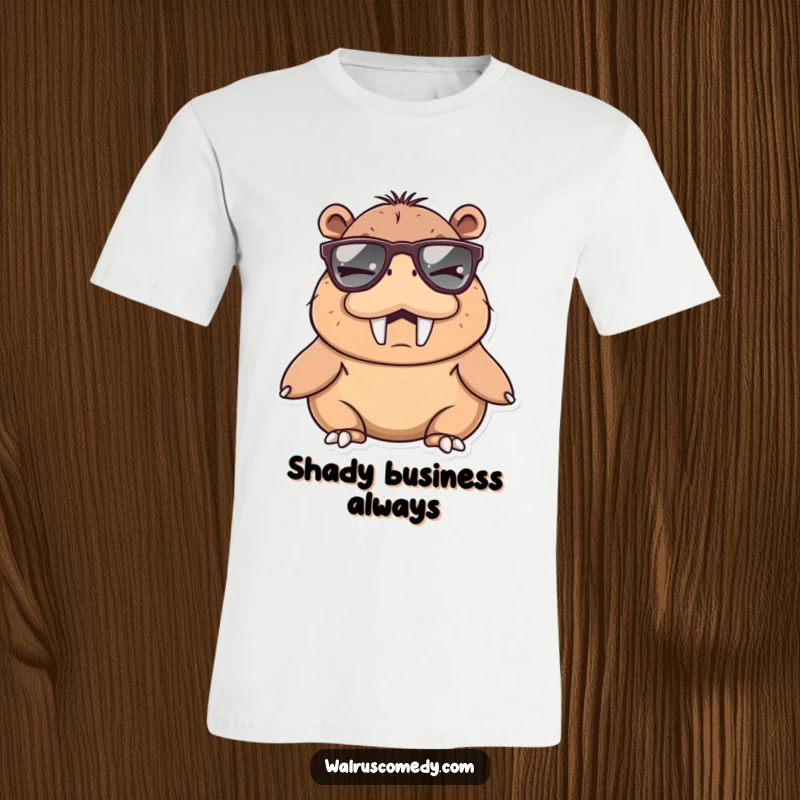 Funny walrus character giving a wink while wearing large, fashionable sunglasses on this humorous and cool t-shirt