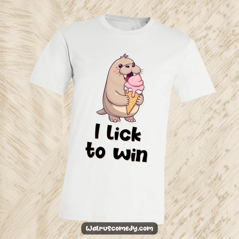 Funny t-shirt, cheerful walrus, large ice cream cone, dripping happily, sweet, joyful, perfect for ice cream fans.