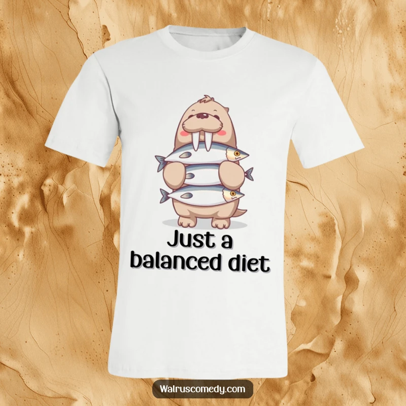 Funny Walrus T-Shirt: A cheerful walrus character is depicted balancing an impressive stack of fish with a determined yet happy expression.