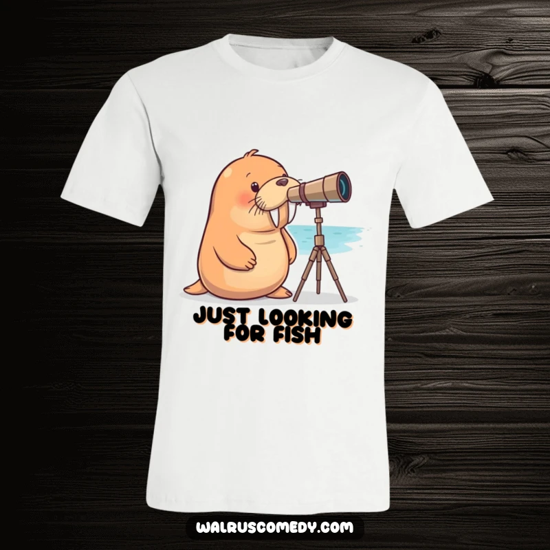 Funny walrus t-shirt featuring a curious walrus using a telescope to explore the sea, a humorous design.