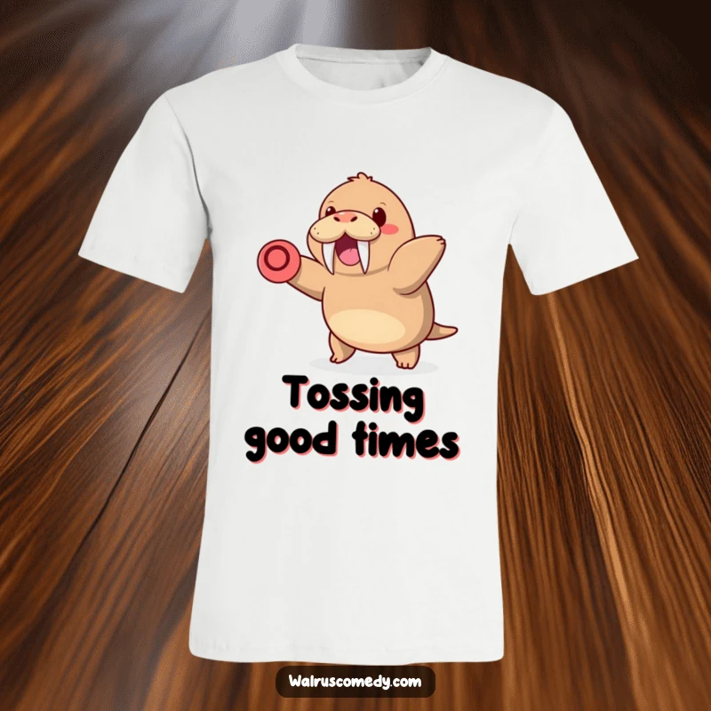 Funny cute t-shirt of a kawaii walrus with prominent tusks smiling widely as it throws a frisbee, capturing a moment of pure outdoor fun.