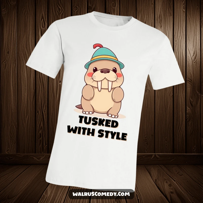 Funny Kawaii Walrus Hat Trick T-Shirt, a walrus balancing a whimsical hat, charming and stylish apparel.