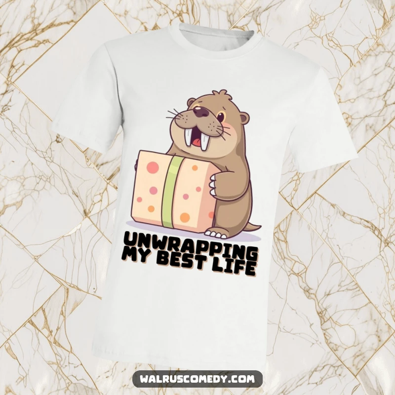 Funny T-Shirt: An overjoyed walrus character with wide eyes, excitedly unwrapping a giant present, symbolizing pure gift-receiving joy.