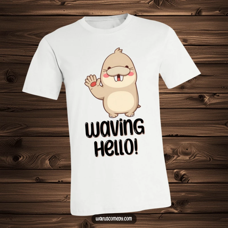 Funny t-shirt with a kawaii walrus waving enthusiastically with a wide, happy smile, embodying pure, infectious cheerfulness.