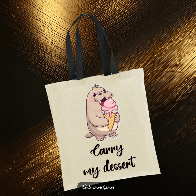 Funny tote bag, cheerful walrus, large ice cream cone, dripping happily, sweet, practical, perfect for summer.