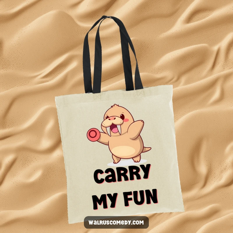 Funny cute tote bag with a kawaii walrus joyfully throwing a frisbee, perfect for carrying groceries and spreading smiles.