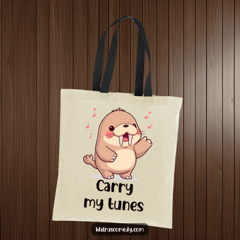 Funny kawaii walrus character joyfully tapping its flippers to a musical beat, depicted on a practical and stylish tote bag.