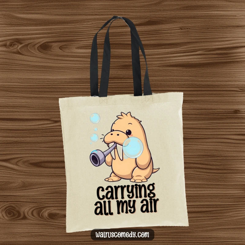 Funny walrus blowing big bubbles, a humorous tote bag with a colorful sea creature design, perfect for daily use.