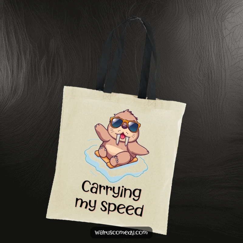 Funny kawaii walrus wearing sunglasses down an icy slope, ready for action and adventure on this cool tote bag.