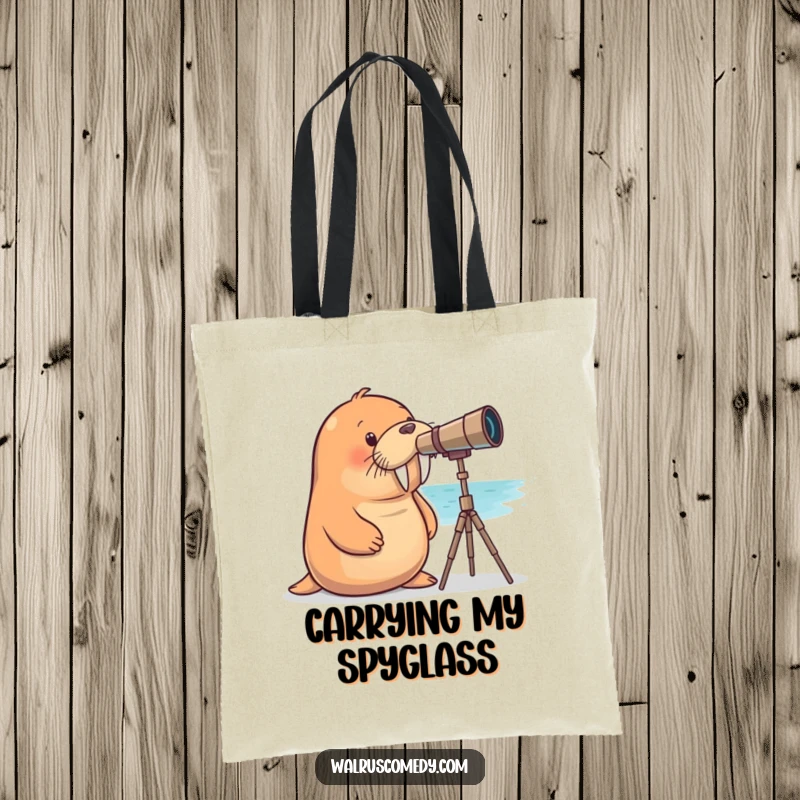 Funny walrus tote bag showing a curious walrus using a telescope to gaze at the sea, a functional and humorous accessory.