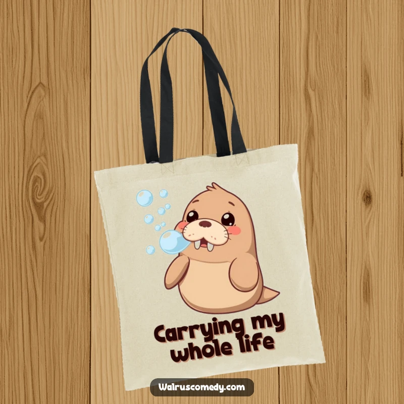 Funny kawaii walrus blowing a stream of magical bubbles, looking curious and happy, printed on a durable tote bag.