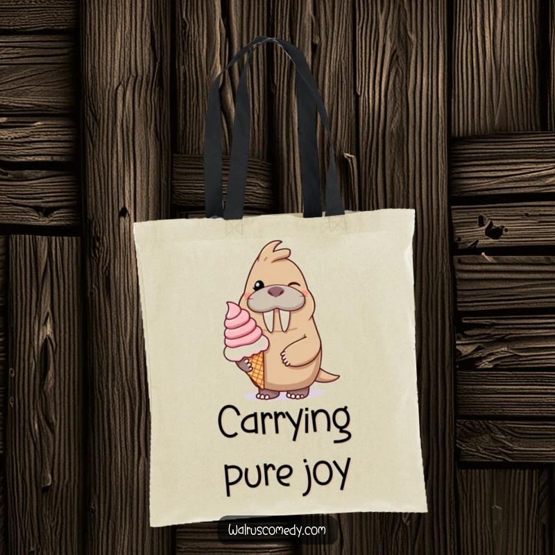 Funny tote bag with a winking walrus character smiling and offering a huge ice cream cone, perfect for carrying essentials.