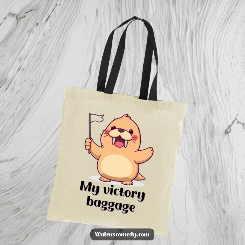 Funny Tote Bag showcasing a kawaii walrus gleefully waving a tiny flag with a cheerful, excited expression.
