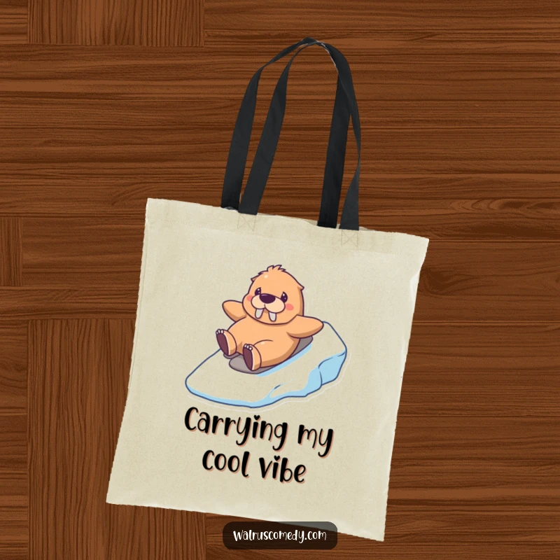 Funny kawaii walrus tote bag with a grinning walrus sliding down an icy hill, ideal for carrying items with winter cheer.
