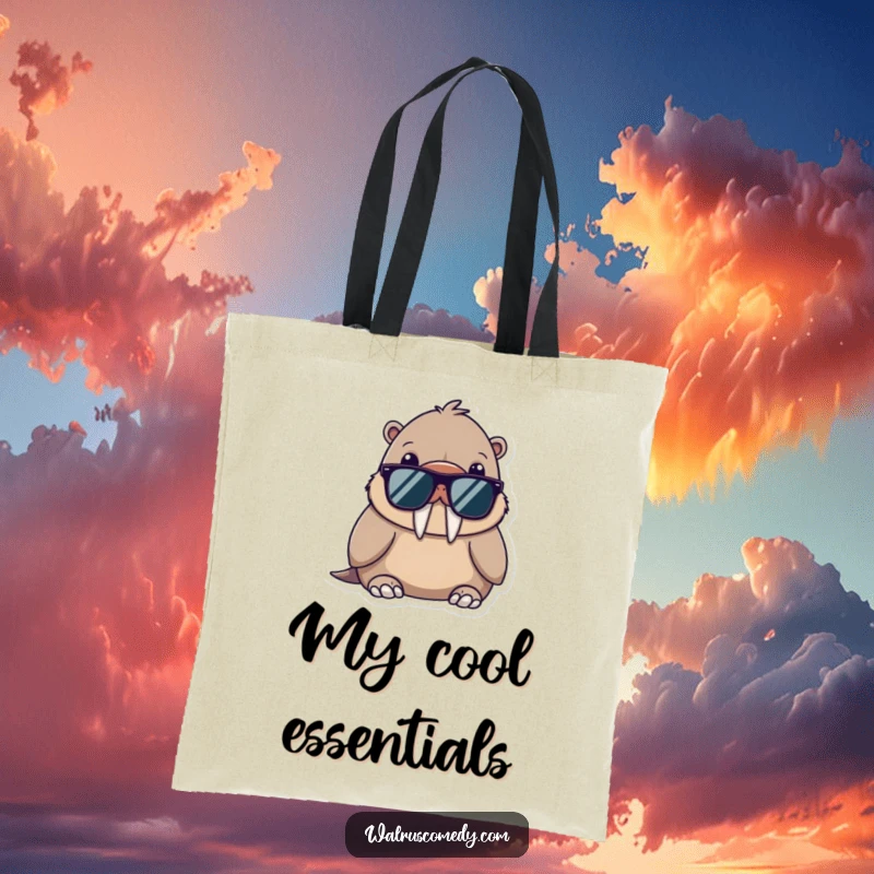 Funny tote bag featuring a kawaii walrus wearing sunglasses, looking incredibly cool and relaxed, ready for any adventure.