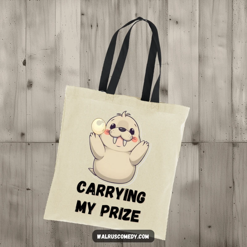 Funny tote bag with a smiling walrus proudly holding a glistening pearl, perfect for carrying items with a touch of oceanic joy.